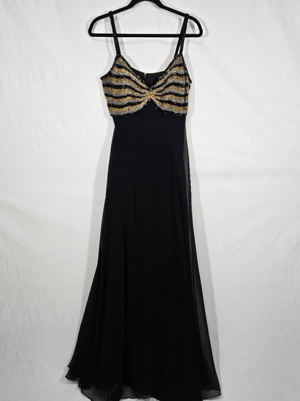 Vintage BLACK Hand-BEADED-"Butterfly" GOLD Sweetheart Empire Gown Dress Size8/10